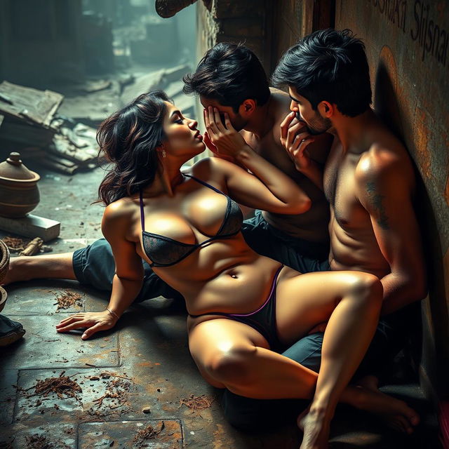 A sensual depiction of Nushrat Bharucha, artistically imagined as a seductive figure in a slum environment