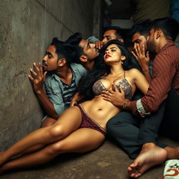 An artistic representation of Nushrat Bharucha as an alluring figure in a slum environment, lying against a wall on the floor