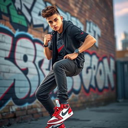 A stylish and athletic young man wearing a trendy Jordan outfit, showcasing a cool urban backdrop