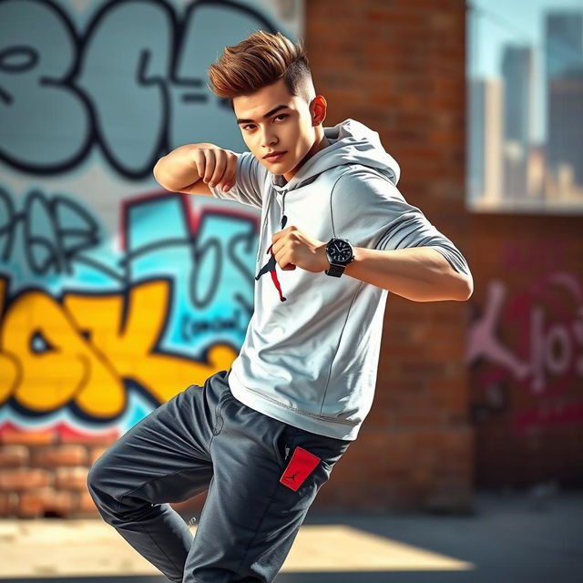 A stylish and athletic young man wearing a trendy Jordan outfit, showcasing a cool urban backdrop