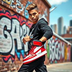A stylish and athletic young man wearing a trendy Jordan outfit, showcasing a cool urban backdrop