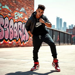 A stylish and athletic young man wearing a trendy Jordan outfit, showcasing a cool urban backdrop