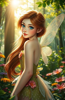 A beautiful fairy in a lush, vibrant forest, captured from a side angle, with flowing brown hair cascading down her shoulders, sparkling beautiful blue eyes that twinkle with mischief and adventure, and radiant pale white skin that glows softly in the dappled sunlight