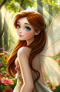 A beautiful fairy in a lush, vibrant forest, captured from a side angle, with flowing brown hair cascading down her shoulders, sparkling beautiful blue eyes that twinkle with mischief and adventure, and radiant pale white skin that glows softly in the dappled sunlight