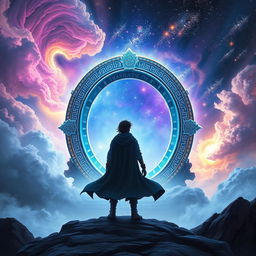A fantasy book cover featuring a stunning, luminescent stargate surrounded by a vast cosmic landscape filled with swirling galaxies and twinkling stars