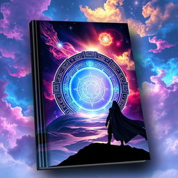 A fantasy book cover featuring a stunning, luminescent stargate surrounded by a vast cosmic landscape filled with swirling galaxies and twinkling stars