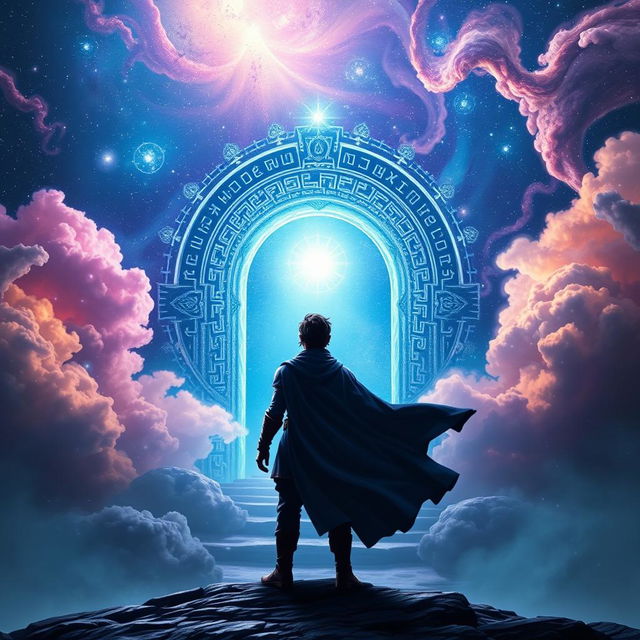 A fantasy book cover featuring a stunning, luminescent stargate surrounded by a vast cosmic landscape filled with swirling galaxies and twinkling stars