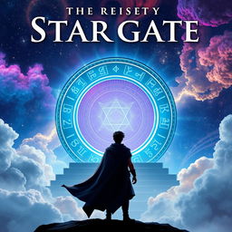 A fantasy book cover featuring a stunning, luminescent stargate surrounded by a vast cosmic landscape filled with swirling galaxies and twinkling stars