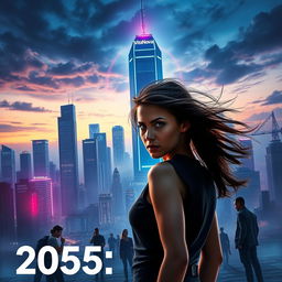 A dramatic movie poster in portrait format set in the year 2055