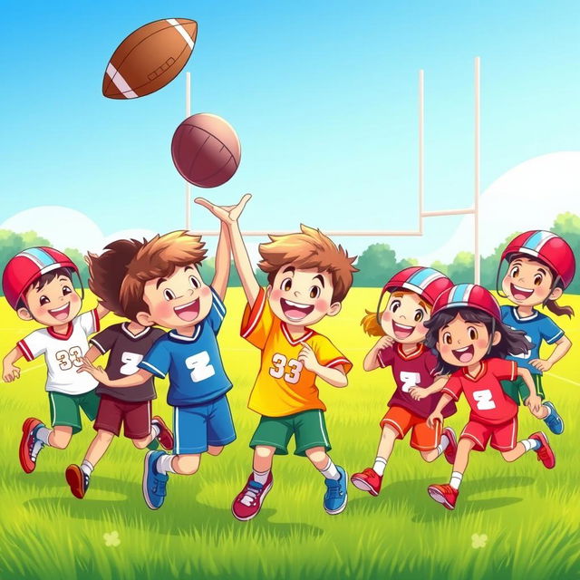 A vibrant and cheerful cartoon illustration of kids playing American football on a lush green grass football field