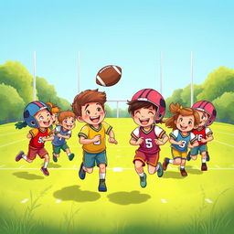 A vibrant and cheerful cartoon illustration of kids playing American football on a lush green grass football field