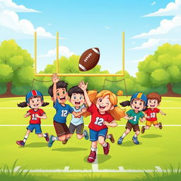 A vibrant and cheerful cartoon illustration of kids playing American football on a lush green grass football field