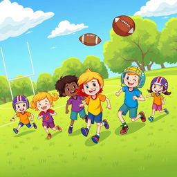 A vibrant and cheerful cartoon illustration of kids playing American football on a lush green grass football field