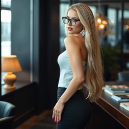 A beautiful 20-year-old Russian American woman as a secretary, with thick long blonde hair cascading down her back