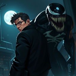 A dark night scene with a spy character looking back over their shoulder, dressed in sleek, tactical attire with subtle gadgets