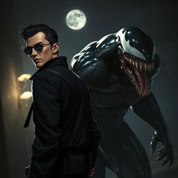 A dark night scene with a spy character looking back over their shoulder, dressed in sleek, tactical attire with subtle gadgets