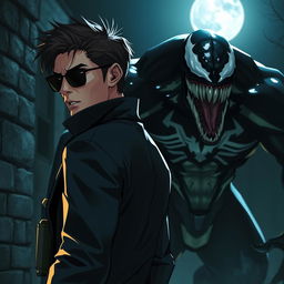 A dark night scene with a spy character looking back over their shoulder, dressed in sleek, tactical attire with subtle gadgets