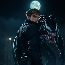 A dark night scene with a spy character looking back over their shoulder, dressed in sleek, tactical attire with subtle gadgets