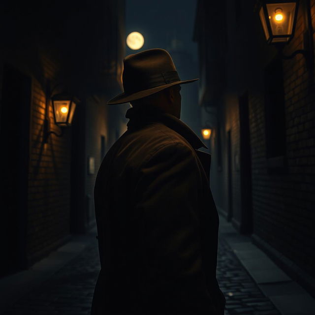 A mysterious, atmospheric scene depicting a historical spy in a dimly lit alley at night, shrouded in shadow