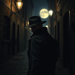 A mysterious, atmospheric scene depicting a historical spy in a dimly lit alley at night, shrouded in shadow