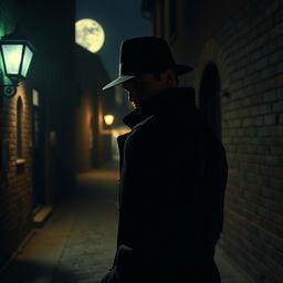 A mysterious, atmospheric scene depicting a historical spy in a dimly lit alley at night, shrouded in shadow