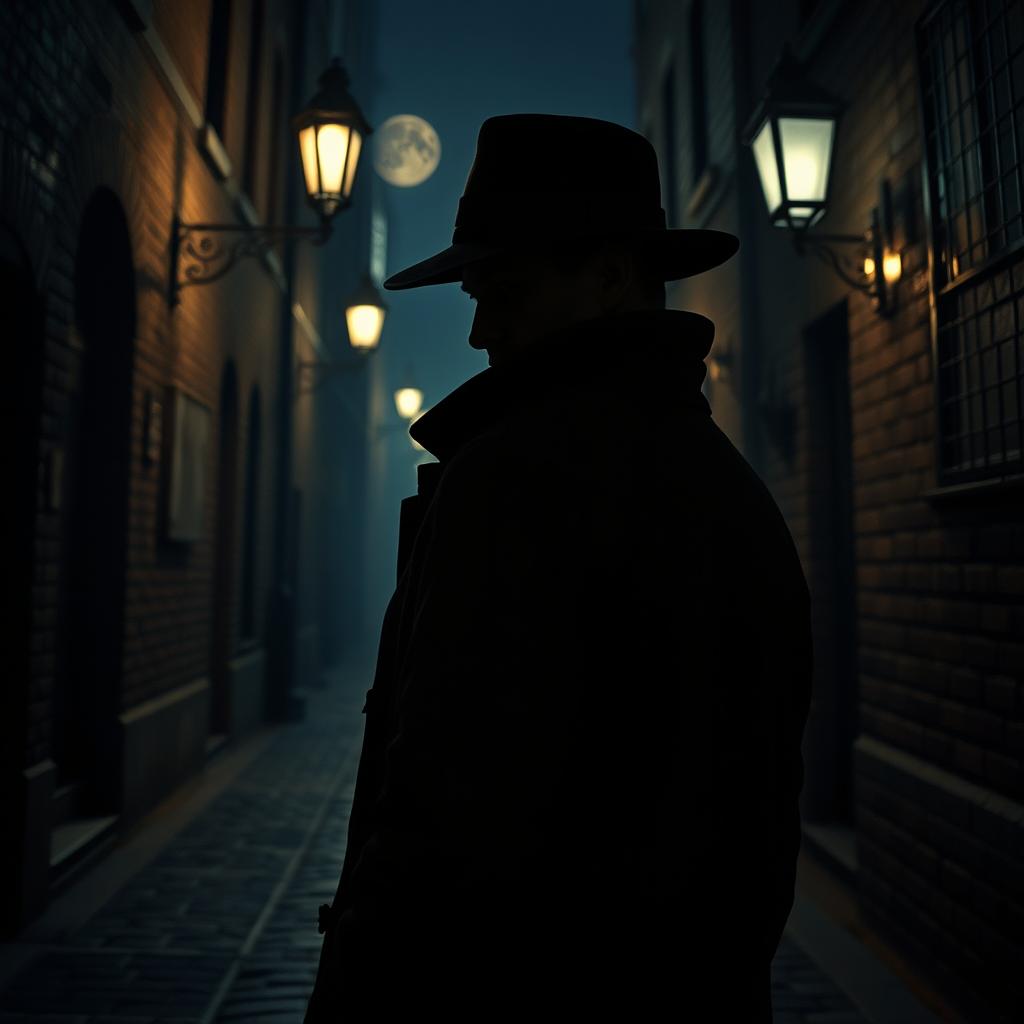 A mysterious, atmospheric scene depicting a historical spy in a dimly lit alley at night, shrouded in shadow