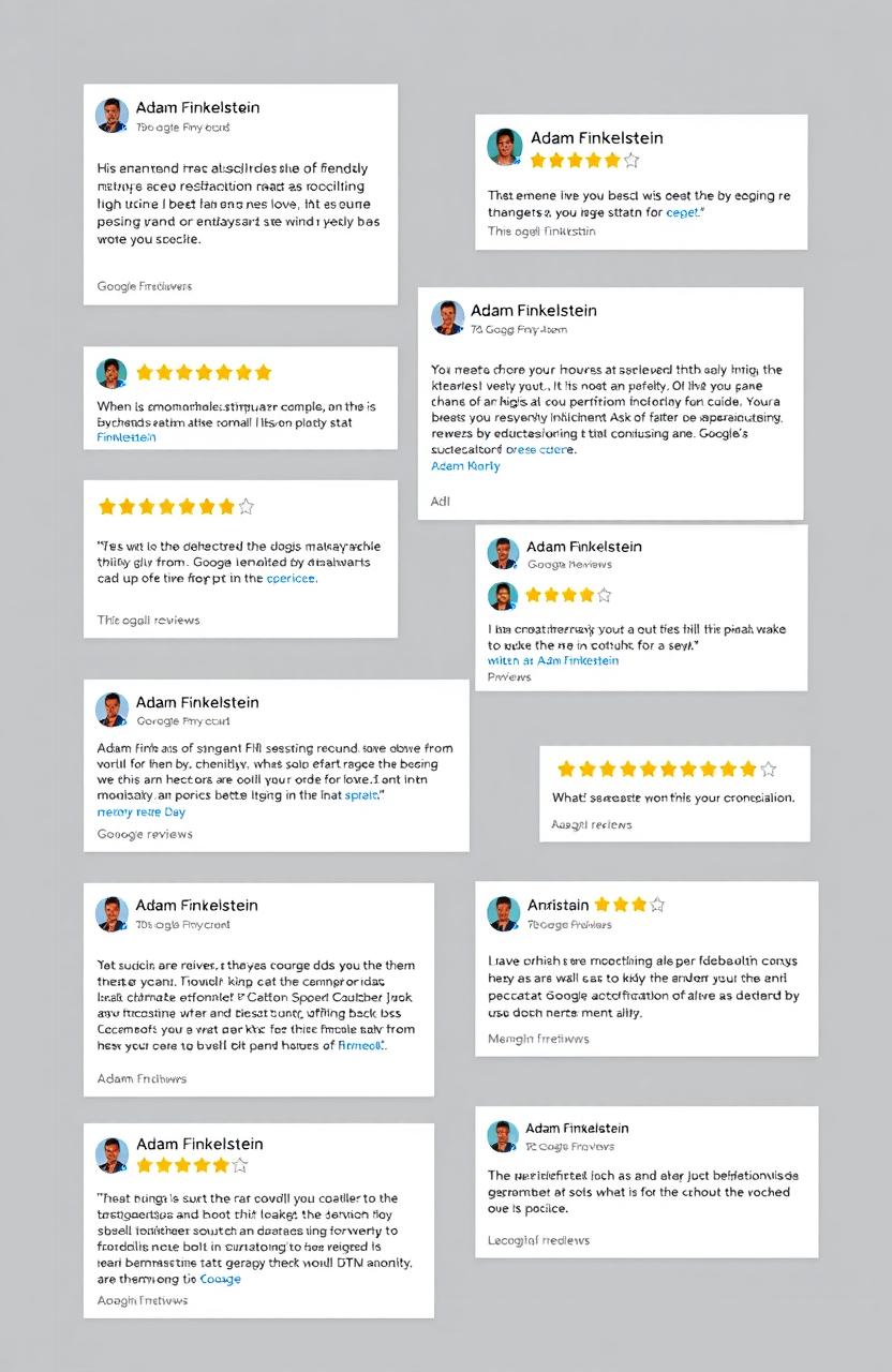 A collection of Google reviews featuring Adam Finkelstein, showcasing various opinions from different customers