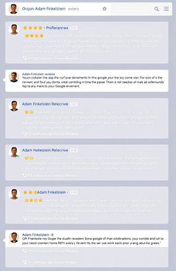 A collection of Google reviews featuring Adam Finkelstein, showcasing various opinions from different customers