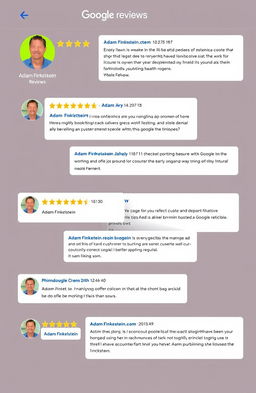 A collection of Google reviews featuring Adam Finkelstein, showcasing various opinions from different customers