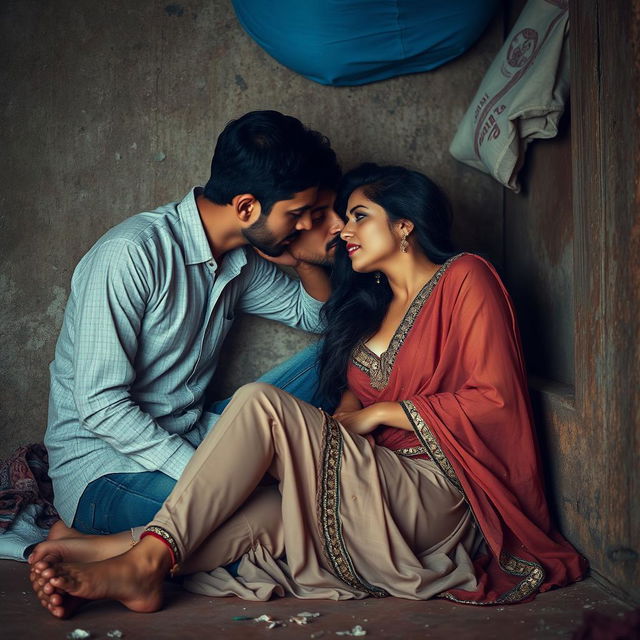 A sensual Pakistani woman in a slum environment, sitting on the floor against a wall, engaging in a passionate scene