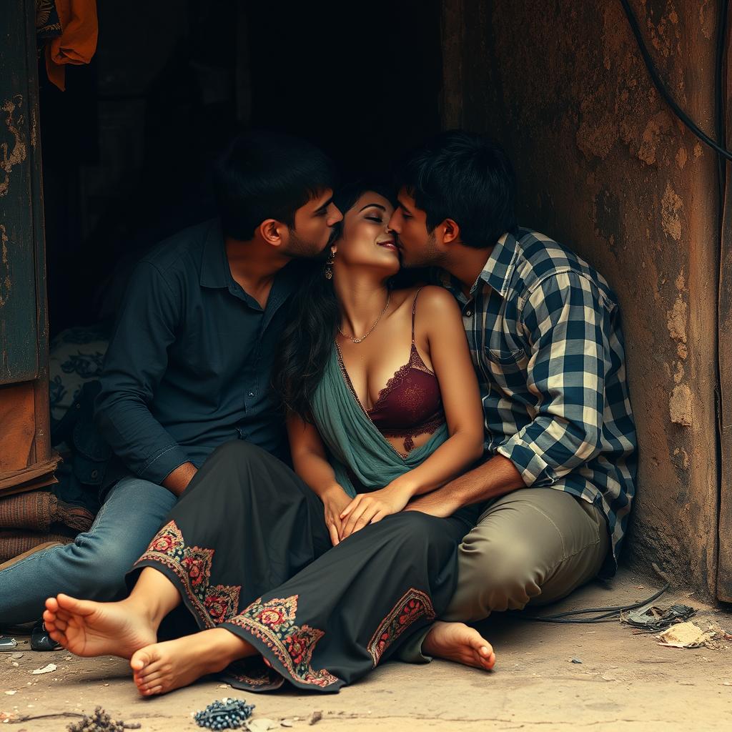 A sensual Pakistani woman in a slum environment, sitting on the floor against a wall, engaging in a passionate scene