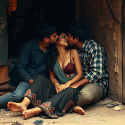 A sensual Pakistani woman in a slum environment, sitting on the floor against a wall, engaging in a passionate scene