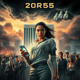 A dramatic movie poster in portrait format set in the year 2055