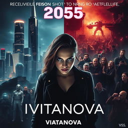 A dramatic and realistic movie poster depicting a futuristic world in the year 2055, featuring a split composition