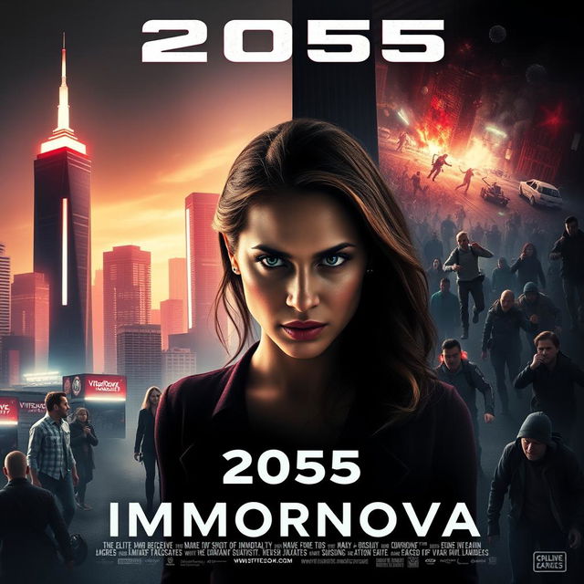 A dramatic and realistic movie poster depicting a futuristic world in the year 2055, featuring a split composition