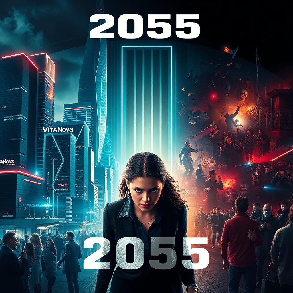 A dramatic and realistic movie poster depicting a futuristic world in the year 2055, featuring a split composition