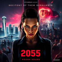 A dramatic and realistic movie poster depicting a futuristic world in the year 2055, featuring a split composition