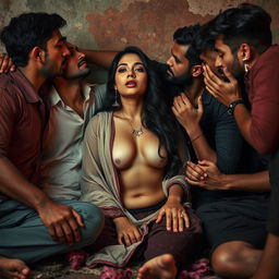A sensual portrayal of a Pakistani woman in a slum, sitting on the floor with her back against a weathered wall