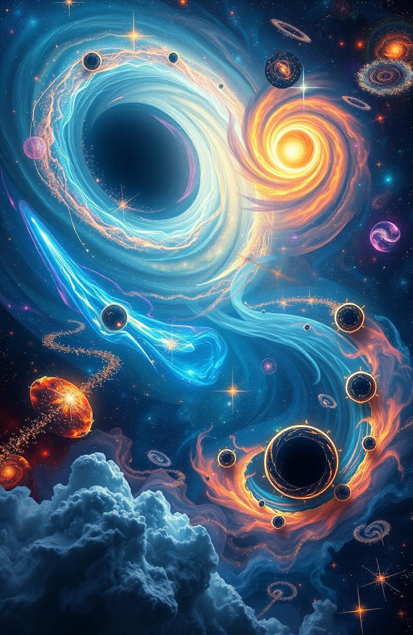 A mesmerizing cosmic scene depicting the universe's secrets, featuring swirling galaxies, vibrant nebulae, shimmering stars, and abstract representations of concepts like black holes, dark matter, and time travel