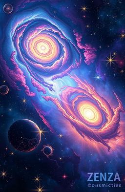 A mesmerizing cosmic scene depicting the universe's secrets, featuring swirling galaxies, vibrant nebulae, shimmering stars, and abstract representations of concepts like black holes, dark matter, and time travel