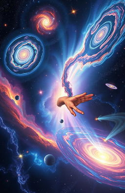 A mesmerizing cosmic scene depicting the universe's secrets, featuring swirling galaxies, vibrant nebulae, shimmering stars, and abstract representations of concepts like black holes, dark matter, and time travel