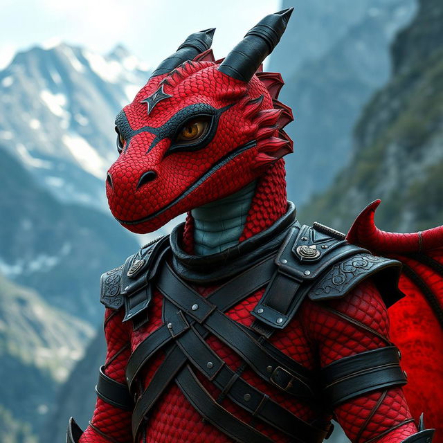 A dragonborn character with striking red scales adorned with bold black stripes over their eyes, standing proudly against a stunning mountainous backdrop