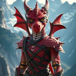 A dragonborn character with striking red scales adorned with bold black stripes over their eyes, standing proudly against a stunning mountainous backdrop