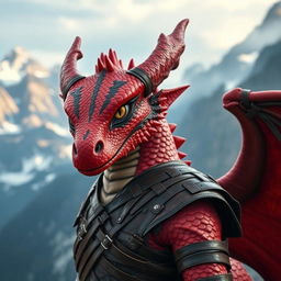 A dragonborn character with striking red scales adorned with bold black stripes over their eyes, standing proudly against a stunning mountainous backdrop