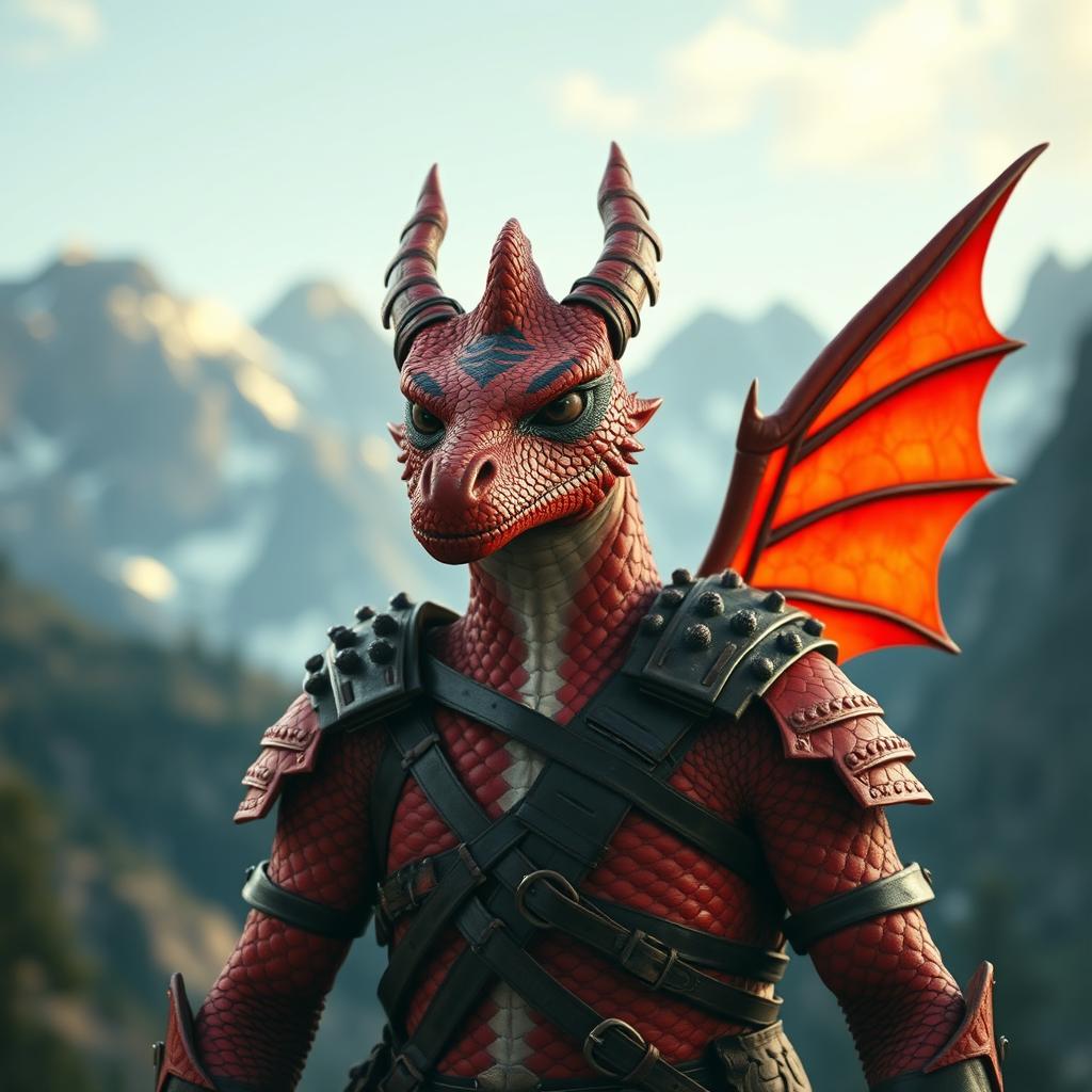 A dragonborn character with striking red scales adorned with bold black stripes over their eyes, standing proudly against a stunning mountainous backdrop