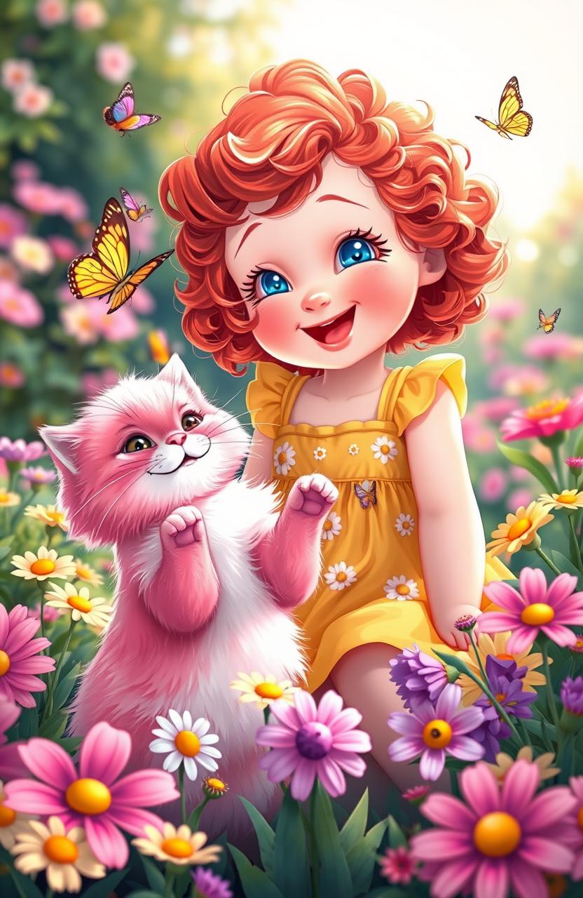 A cute girl named Rosie, with bright blue eyes and curly red hair, is joyfully playing with her fluffy pink cat in a vibrant flower garden