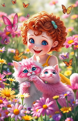 A cute girl named Rosie, with bright blue eyes and curly red hair, is joyfully playing with her fluffy pink cat in a vibrant flower garden