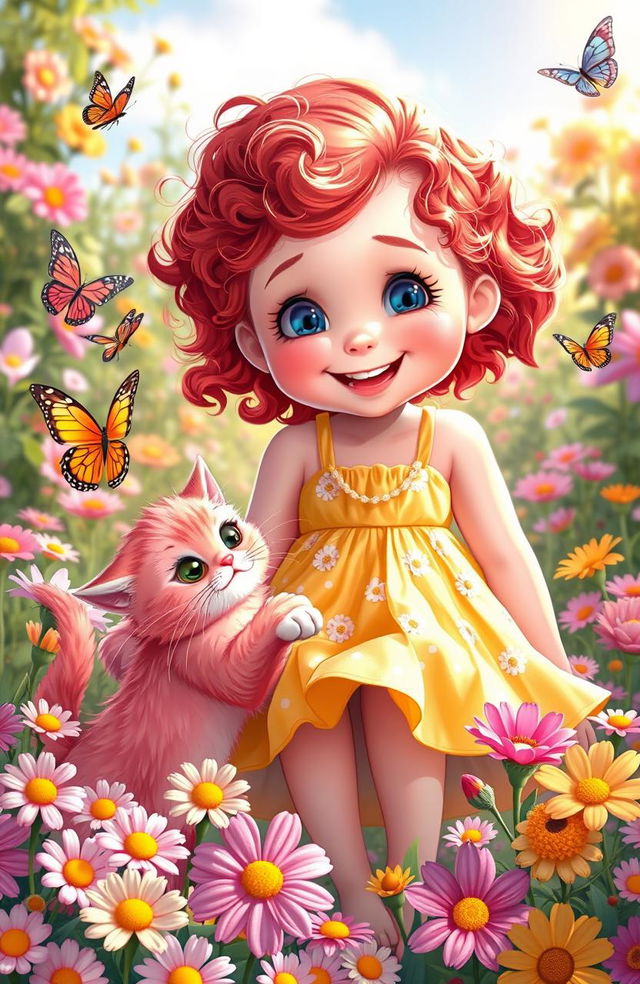 A cute girl named Rosie, with bright blue eyes and curly red hair, is joyfully playing with her fluffy pink cat in a vibrant flower garden