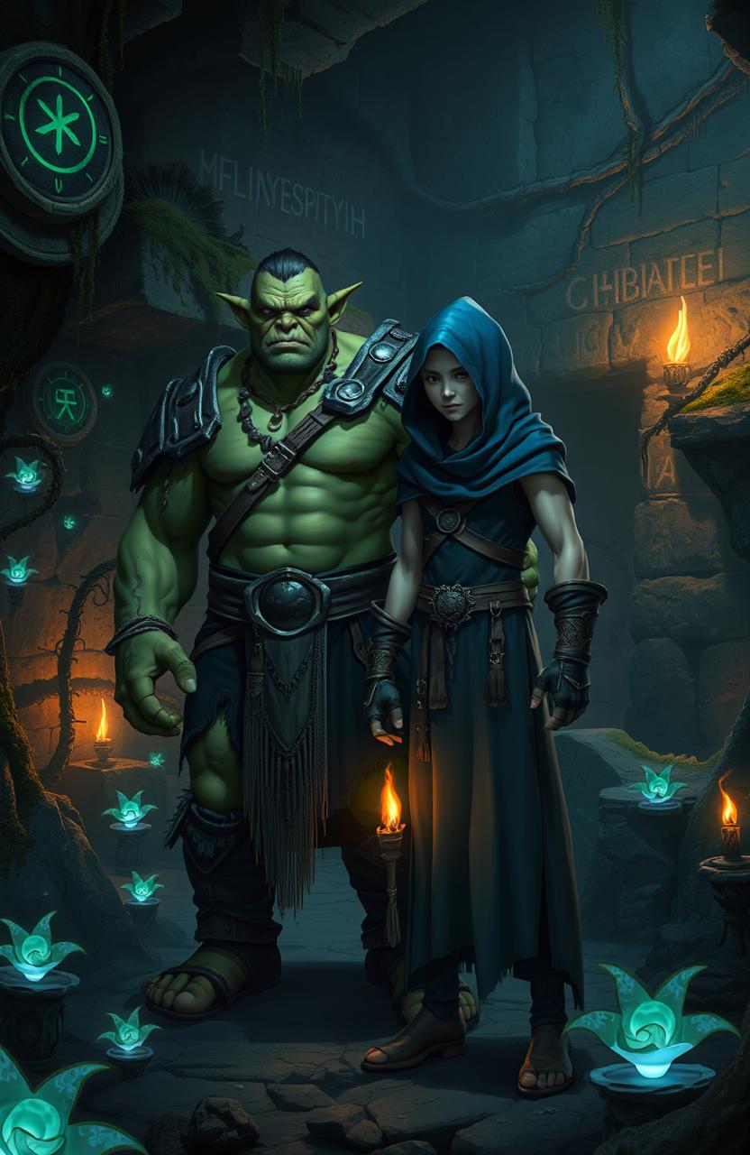 A green-skinned large orc standing confidently next to a slender human man wearing a flowing blue hooded cloak