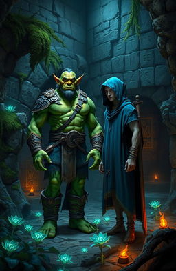 A green-skinned large orc standing confidently next to a slender human man wearing a flowing blue hooded cloak